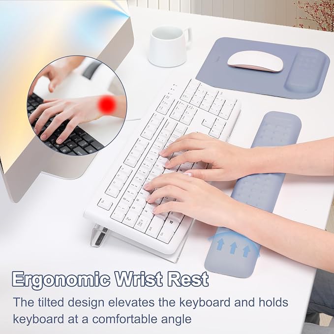 MOSISO Keyboard Stand&Wrist Rest Support for Keyboard &Mouse Pad Set | Ergonomic Massage Wrist Rest Set, Easy Typing Working Acrylic Clear Stand for Office Home, Lavender Gray