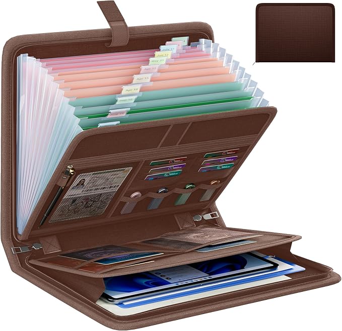 Fireproof Accordion File Organizer, Expanding File Folder with 13 Pockets | Portable Document Organizer with Waterproof Zipper & Labels, File Organizer for Important Document/Paper Storage, Brown