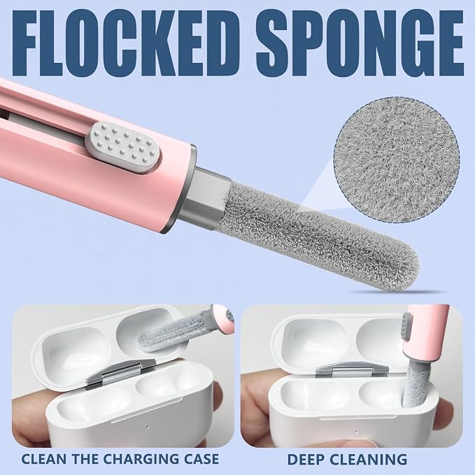 Inesore Multi Cleaning Kit for AirPods & All Bluetooth Earbuds (Pink) | 3-in-1 Design with Brush,Sponge & Metal Tip, Airpod Cleaning, Phone Cleaner, Earbud Cleaning, Electronic Device Cleaning Tool