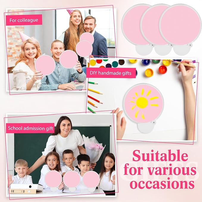 Roowest 2 Pcs 7.87“ Round Sublimation Blank Foldable Fan with Bag Polyester Colored Portable Handheld Compact Fold up Flying Disc Fans for Summer Wedding Graduation Party Favor (Pink)