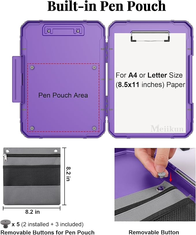 Meiikun Clipboard with Storage, Rugged Shockproof Protective, Internal Pen Pouch & Metal Clip, Heavy Duty Plastic Clip Boards 8.5x11, High Capacity Contractor Folder for School Office (Light Purple)