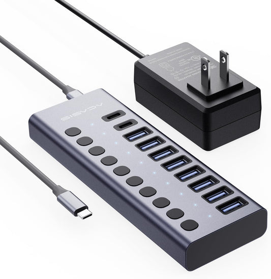 ACASIS 10 Ports 60W USB C 3.2 Hub, 10Gpbs Data Transfer, 20V/3A Power Adapter, Individual On/Off Switches, Aluminum Housing, USB Splitter for PC, Computer, Laptop, Mobile HDD, Flash Drive
