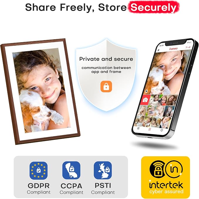Frameo 10.1'' Digital Picture Frame WiFi, 1280 * 800 HD Touch Screen, 32GB Memory, Wall Mountable Digital Photo Frame, Auto-Rotate, Share Instantly, Wedding, Birthday Gifts for Mom