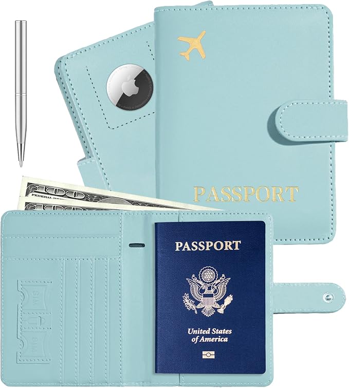 Passport Holder with AirTag Slot, Travel Passport Book Wallet | RFID Blocking, PU Leather, Cards Pocket, Cash Pocket, Passport Case, Women Men Travle Gifts, Travel Essentials