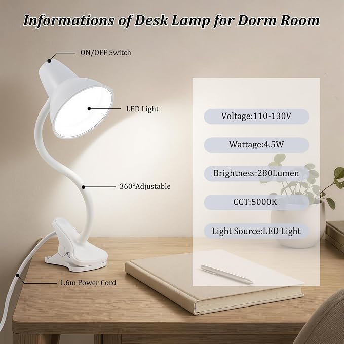 Clip On LED Desk Lamp, Flexible Arm, Eye-Caring Study Lamps for School Dorm | 4.5W Energy-Saving, Anti-tip Bedside Reading Light, Desk Lamps for College Dorm Room, Home Office, Modern Lamp with 1.6m Cord