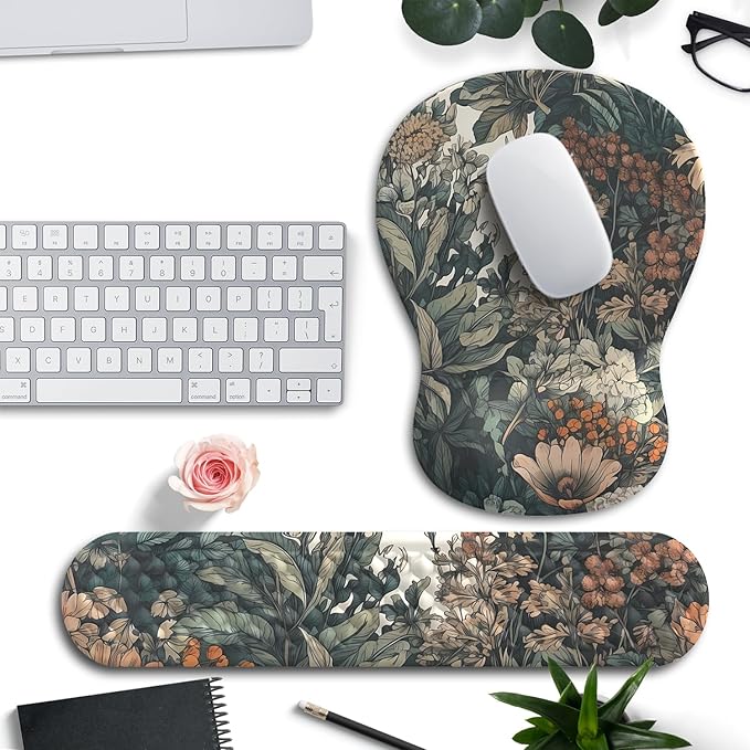 Boho Aesthetic Mouse Pad with Wrist Rest Keyboardpad Vintage Wildflowers Wrist Rest for Computer Keyboard Wrist Rest, Non-Slip Base Home/Office for Computer Keyboard, Made Easy Typing & Relieve