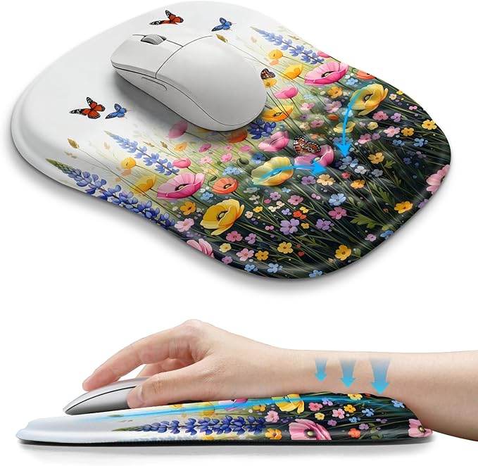 Hokafenle Ergonomic Wrist-Hugging Mouse Pad Wrist Support, U-Shaped Holding Wrist Rest Mousepad for Carpal Tunnel Pain Relief with Cushioned Memory Foam Slope Massage Bulge (10.2x8.3 in,Flowers)