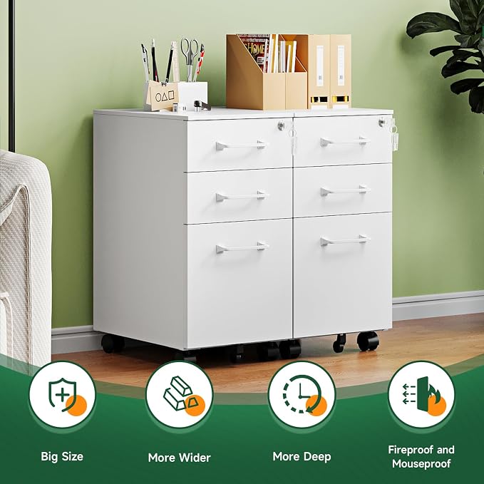 3 Drawer Mobile File Cabinet with Lock,Under Desk Metal Filing Cabinets for Home Office Organizer,Small Rolling Printer Stand with Wheels,for Letters/Legal/A4(Assembly Required) (White)