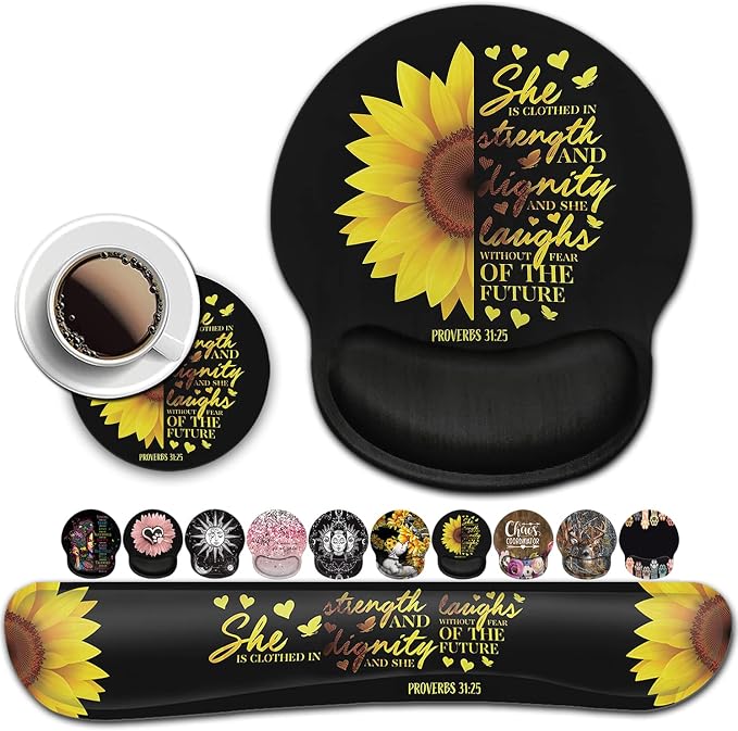 Mouse Pad Keyboard Wrist Rest Coaster, Mouse Support Set,Sunflower Christian Bible Verse Black padErgonomic Memory Foam Mouse and Keyboard Pad Set for Laptop Computer Office Home Working Gaming