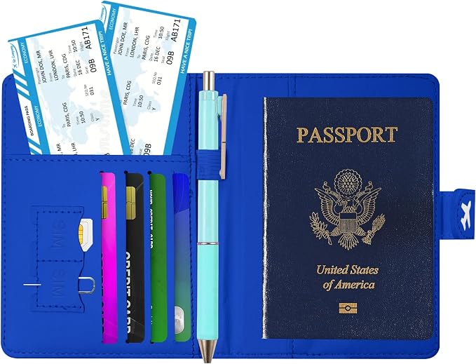 Passport Holder, Cute Travel Wallet Cover with RFID Blocking,Blue | PU leather travel wallet with magnetic closure, card slots, pen loop, and easy access for passports and essentials.