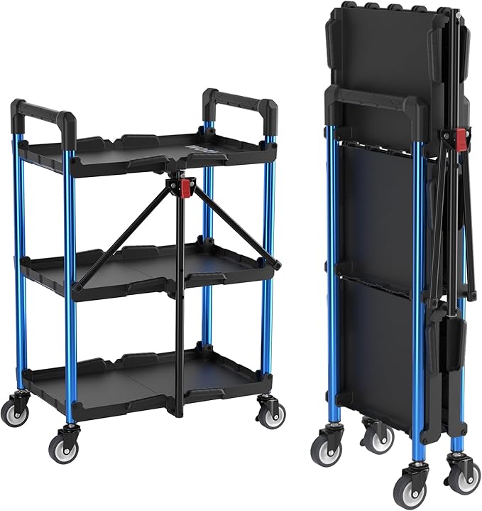WORKPRO 3-Tier Collapsible Utility Cart, 210 LBS Cart with Wheels | No Assembly Required, Foldable Service Cart with Spacious Shelves for Garage, Warehouse, Office & Home Use, Black/Blue