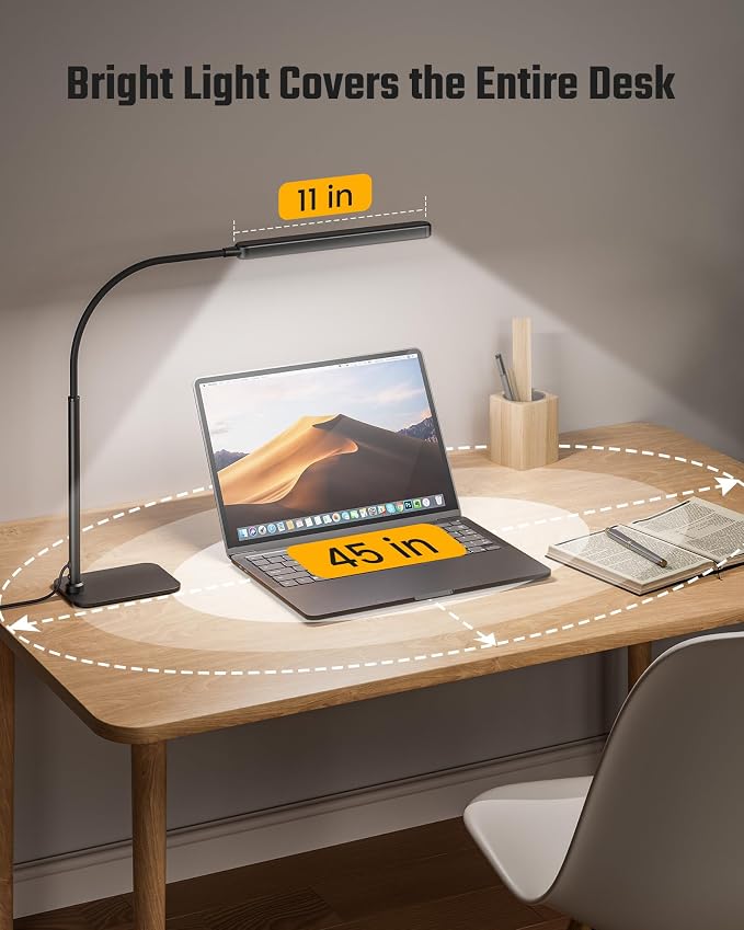 SUPERDANNY Eye-Caring LED Desk Lamp Work Lamp Office Lamp with Base | Black, Touch Control, 360° Flexible Gooseneck, 3 Modes Smooth Dimming, Memory Function, Adapter, Metal, for Home Office Dorm