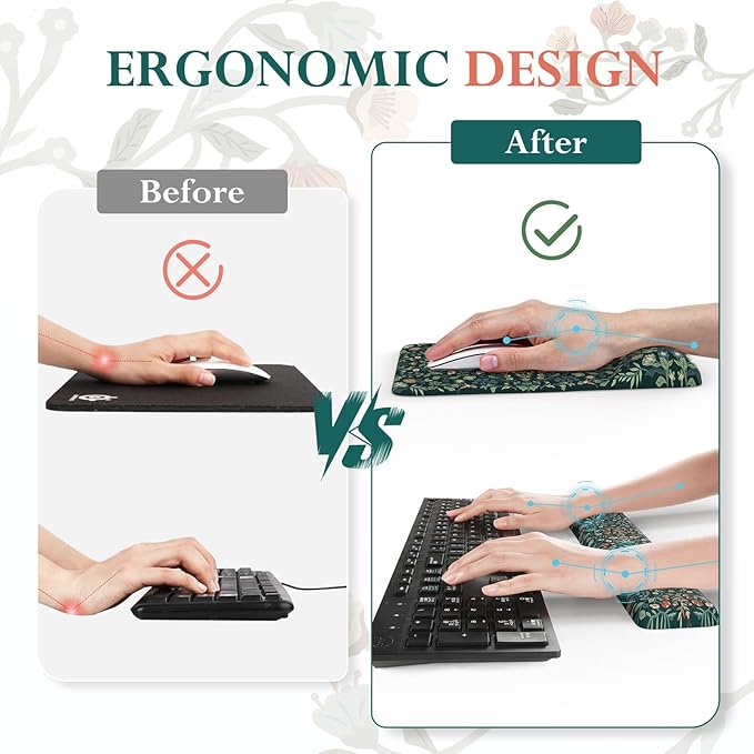 iCasso Mouse Pad with Wrist Rest,Ergonomic Large Desk Mat Set, Deep Green | Keyboard Pad with Wrist Support, Non-Slip Mouse Mat for Women, Cute Floral Computer Mat for Home Office Gaming