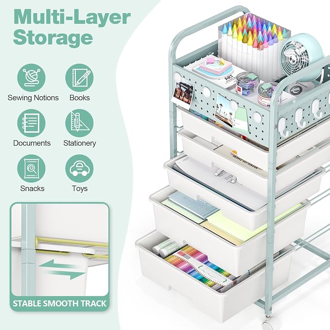 5 Drawer Rolling Storage Cart with Pegboard Top and Hooks, Green | Mobile Utility Organizer with Wheels for Office Supplies, Craft Storage, Classroom Organization, Home Storage Cart