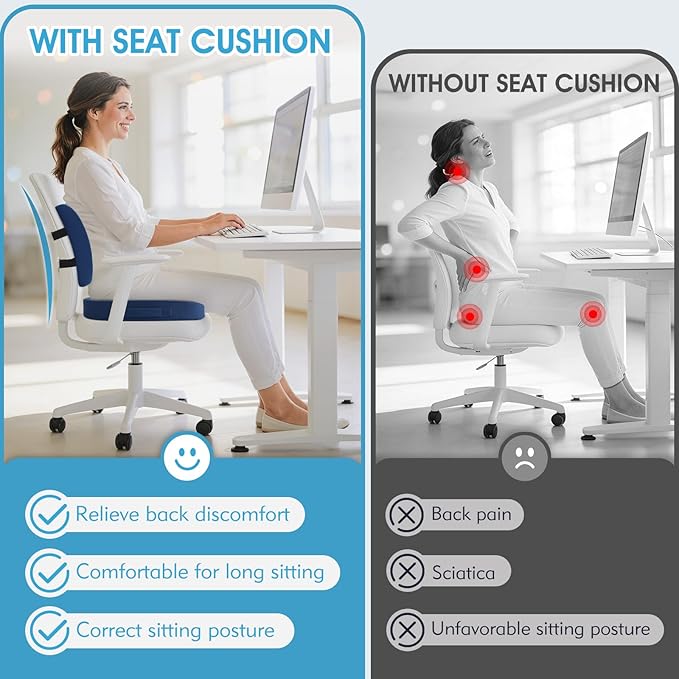 CushZone Seat Cushion, Lumbar Support Pillow with Adjustable Strap-Chair Cushions for Sciatica Pain Relief-with Washable Cover Memory Foam for Car, Travel and Wheelchair-Blue