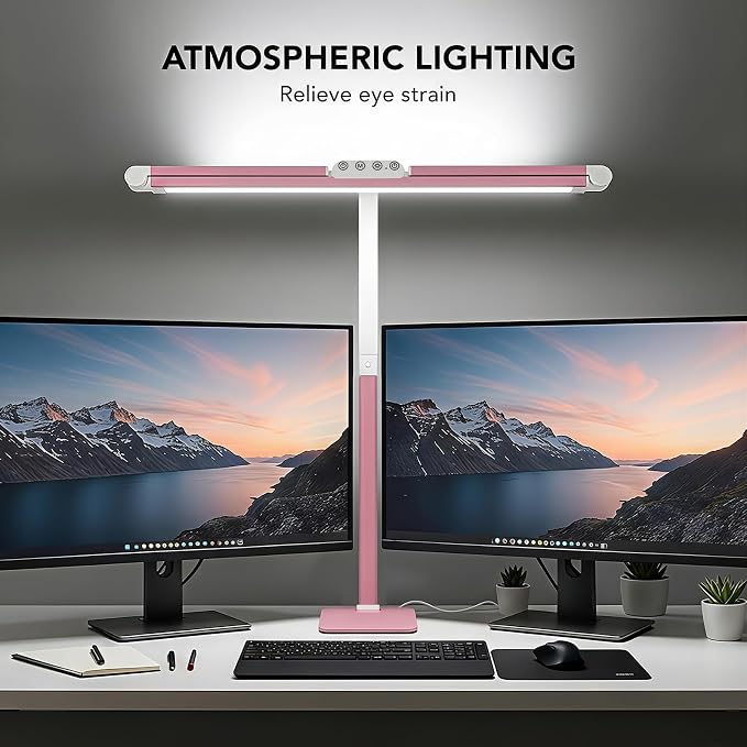 LED Desk Lamp for Home Office with Base, 28.2" Adjustable Gooseneck Swing Arm Bright Desk Light, Dimmable Architect Table Lamp for Desktop Computer Light, Reading, Study, Workbench（Pink）