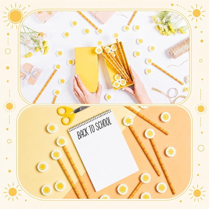 32 Pcs Sun Pencil with Eraser Summer Party Favors Gifts Stationery Supplies for Classrooms Exchange Reward Prizes Home Office School Supplies(Orange and Yellow)
