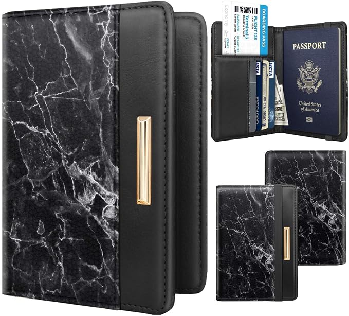 Coco Rossi Passport Holder for Travel Women Slim RFID Passport Cover Wallet | Travel Essentials, Passport Book Holders, Passport Wallet Cover Case, PU Leather, Cute, Thin, Spliced Design, Black Marble