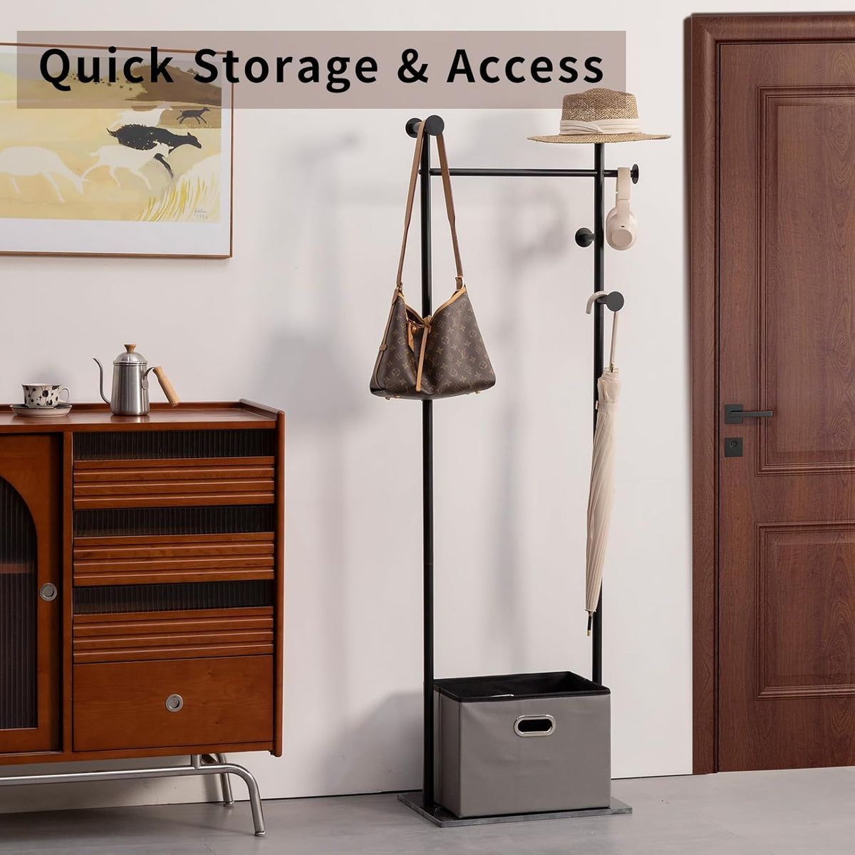 Coat Rack Freestanding with Storage Basket Heavy Duty Clothes Rack Marble Base Modern Coat Stand for Bedroom Living Room Hotel 13.39" D x 19.69" W x 68.9" H (Black)