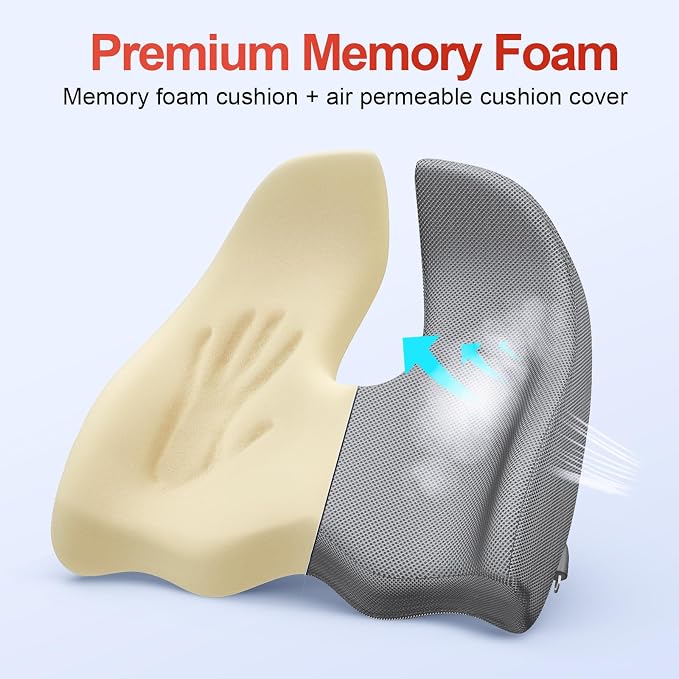 Benazcap XL Ergonomic Seat Cushion Relieves Sciatica & Tailbone Pain | Memory Foam cushion, washable cover & anti-slip base, long-sitting pad for office, gaming and car seats Gray