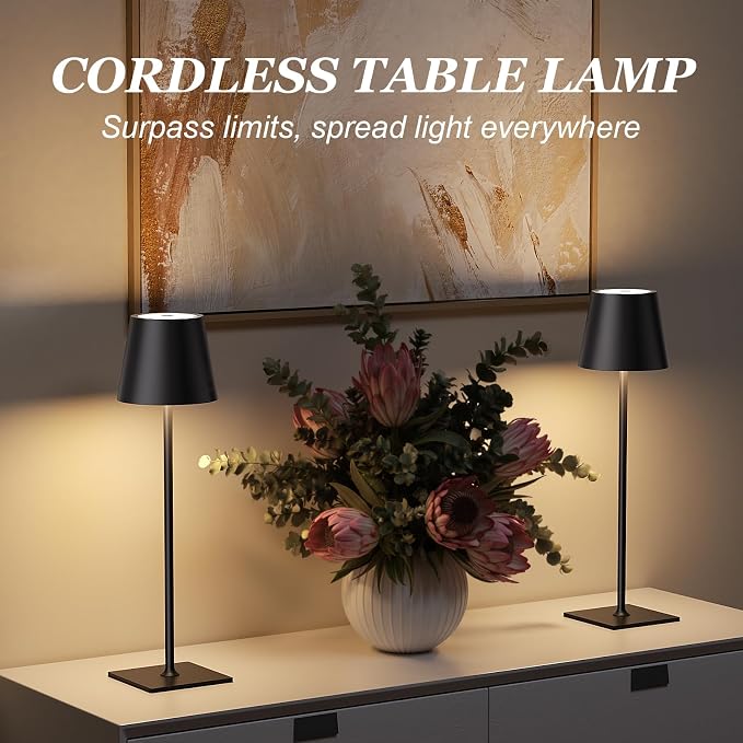 Kakanuo Cordless Rechargeable Table Lamp Black 5000mAh Battery Operated Lamps, 3 Colors Stepless Dimming Touch Lamp for Dining, Living Room, Outdoor Patio, Kitchen Counter, 4 Pack