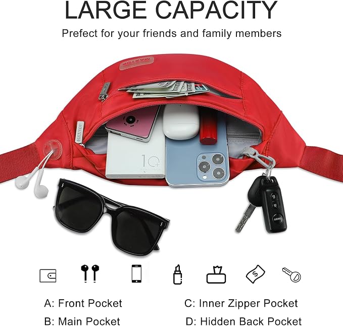 Large Red Belt Bag for Women Stylish Fanny Pack Crossbody Sling Bag | Fashion,4-Zipper Pockets,Key Chain,Fanny Pack Passport Bag with Adjustable Strap Gifts for Women