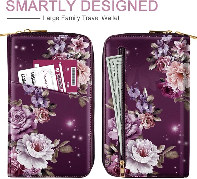 Family Passport Holder Wallet RFID Blocking Document Organizer | PU Leather Mulit-purpose Travel Wallet Credit Cards Case for Women Men, Purple Floral
