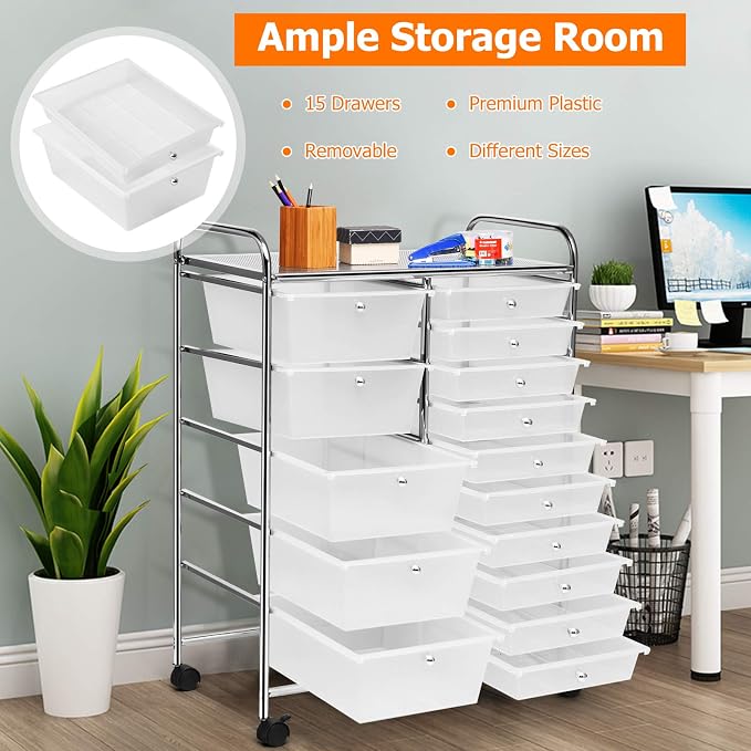 GLACER 15 Drawers Rolling Storage Cart, Steel Frame Craft Organizer Cart | Utility Cart w/Lockable Wheels & Sleek Handle, Mobile Art & Tool Supply Trolley for Teacher, Home, School, Office (Clear)