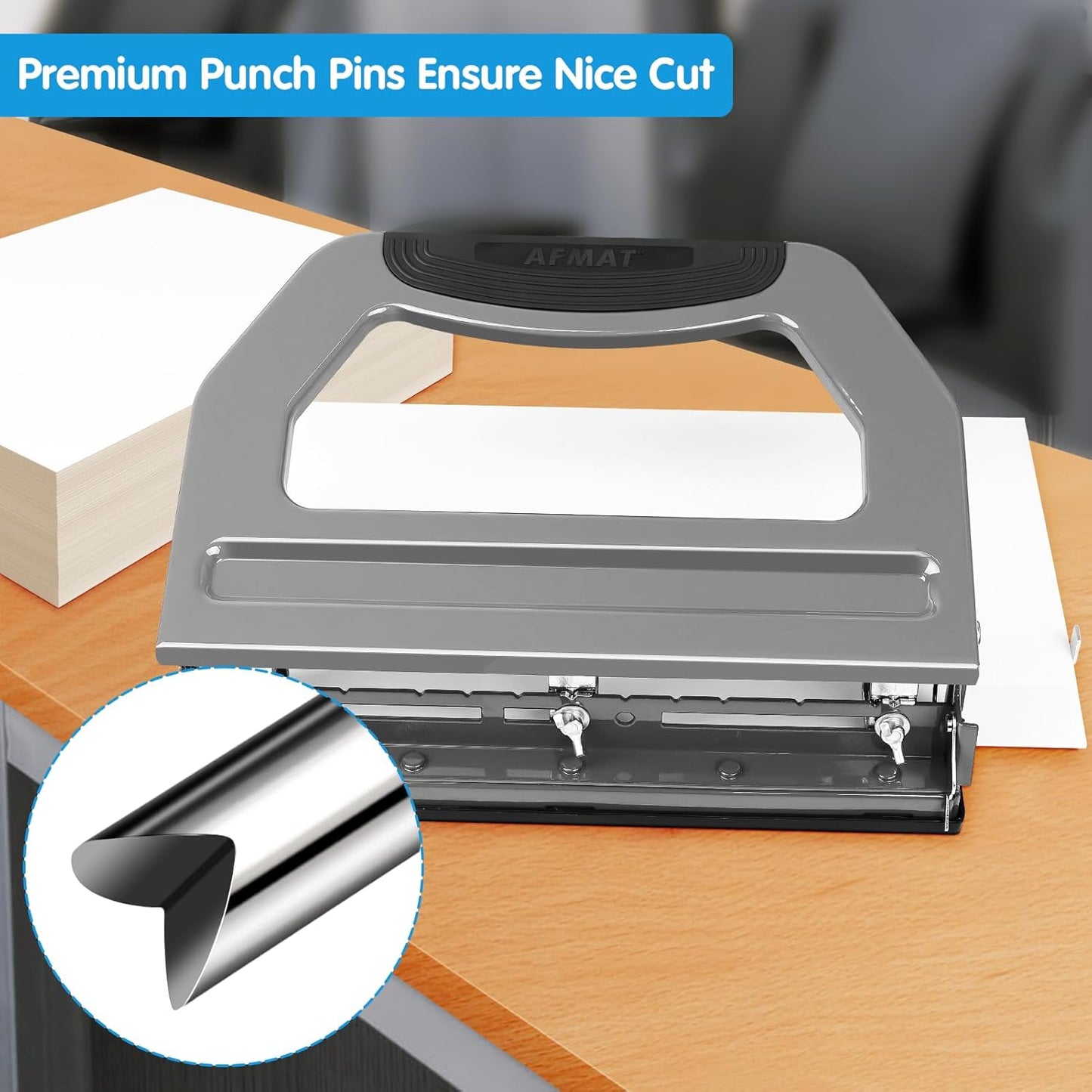 AFMAT Heavy Duty 3 Hole Punch, 50-Sheet, 50% Reduced Effort, Adjustable Two & Three Hole Punch, Metal Paper Puncher w/Large Chip Tray, Metal Paper Guide, Gray