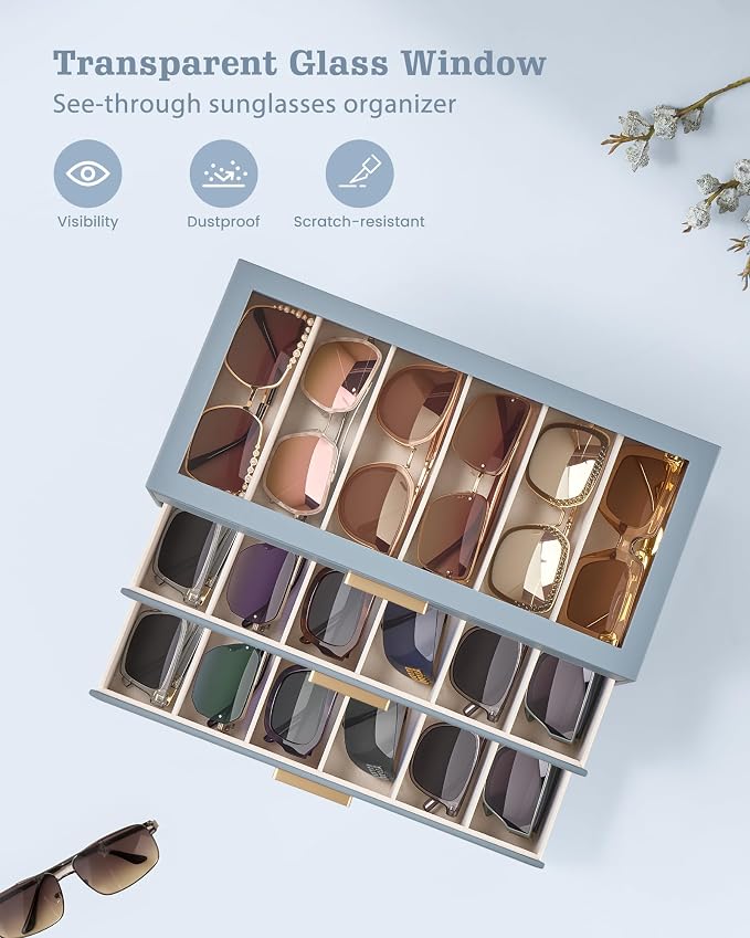 Lolalet Sunglasses Storage Box for Women, Eyewear Eye Glass Organizer with Clear Top Display Holder Case