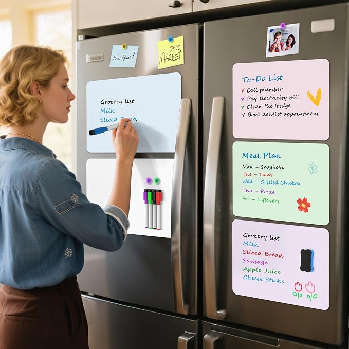 MaxGear Magnetic Whiteboard for Fridge 12x8 Multicolor 5 Pack | Strong Magnet, Dry Erase, Reusable, Easy Clean, Stain Resistant, Meal Planner, Grocery List, Family Notes, Kitchen Organizer