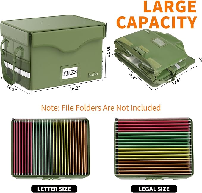 DocSafe 5200°F Fireproof Document Box with Lock,Heat Insulated File Organizer Storage with Pockets,Collapsible Portable Home Office File Safe Box with Handle for Hanging Letter/Legal Folders, Green