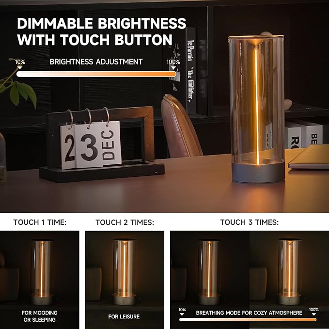 Minimalist Desk Lamp, Cordless Table Lamp, LED Nightstand Light, Gray-Plus