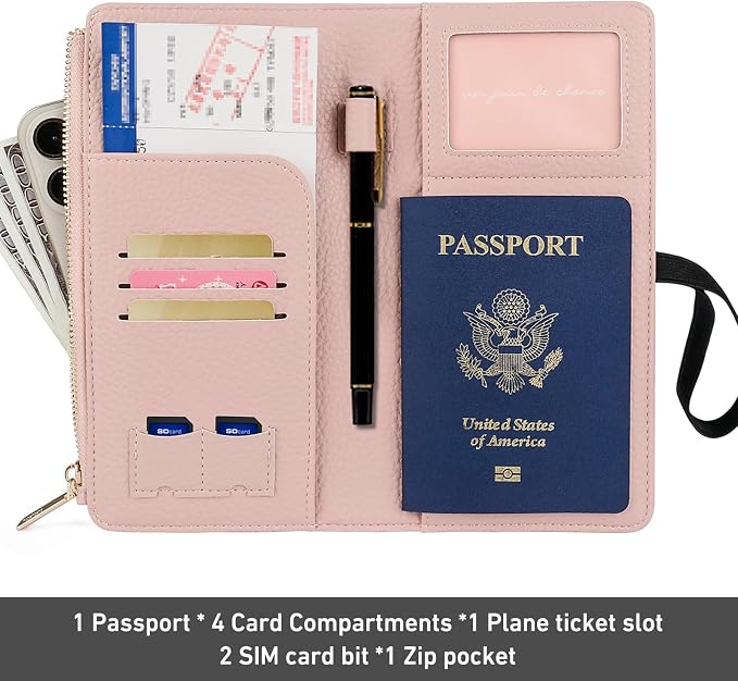 TIGARI Leather Passport Holder, RFID Blocking Wallet for Women, Zipper Pocket Card Slots, Waterproof Travel Accessories (Pink)