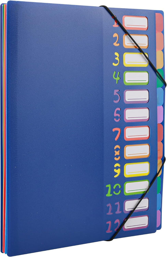 24 Clear Pocket Expanding File Folder with 12 Colored Tabs,Durable A4 Letter Size Organizer,Holds 300 Sheets, Project File Organizer, Numbered Index on Cover,Water-Resistant (Blue)