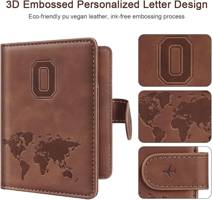Passport Holder Wallet Cover Personalized Initial Travel Essentials | Embossed Letter A-Z Design, Travel Wallets, RFID Blocking, Passport Book Holders, Women Men, Personalized Gifts, Brown-O