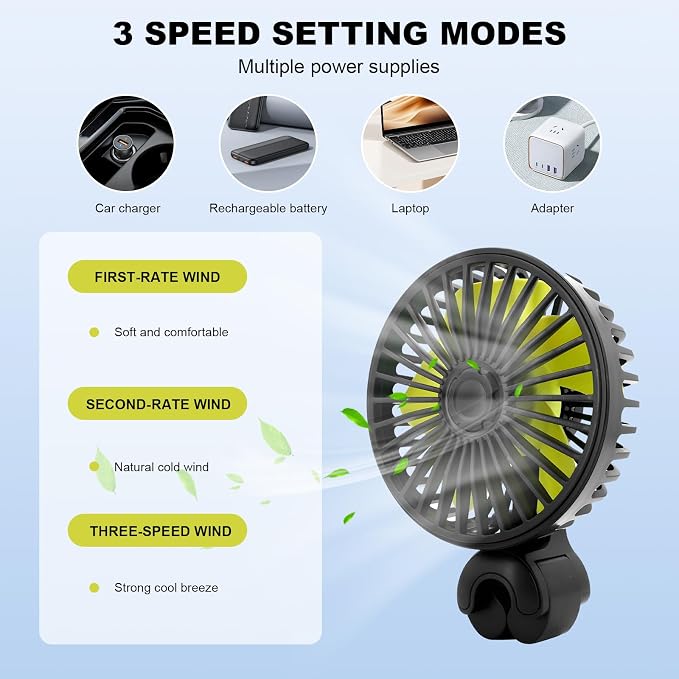 2 PCS USB Car Seat Fans for Backseat, 360° Rotatable Strong Wind Rear Seat Cooling Fan with 3 Speeds, 5V Powerful Air Circulation Electric Headrest Fan for for Sedan SUV RV Truck
