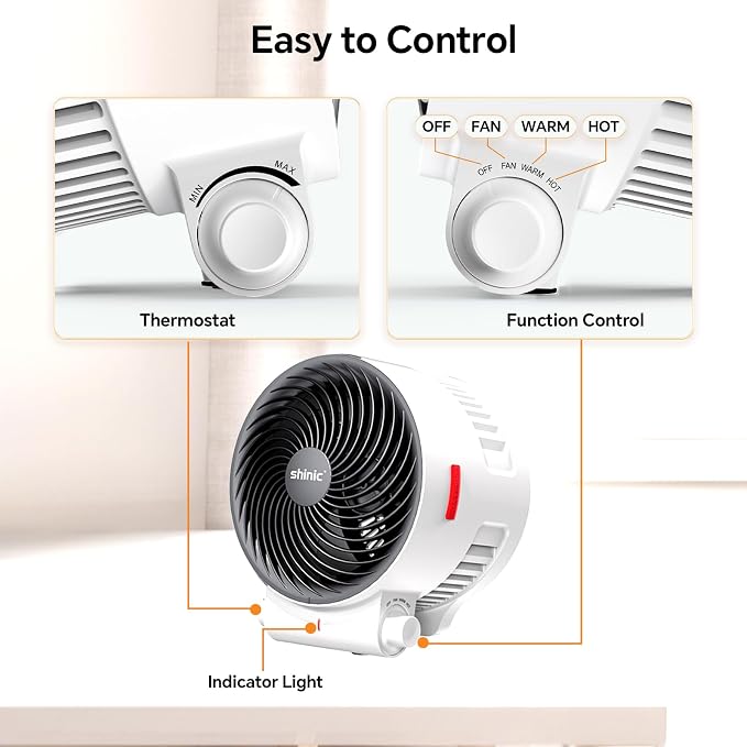 shinic Desk Fan and Heater Combo, Portable Cooling Air Circulator Fan, Tip-Over & Overheat Protection, Turbo Fan Space Heater Combo for Indoor Use Office, Bedroom, Living Room, ETL Listed, White
