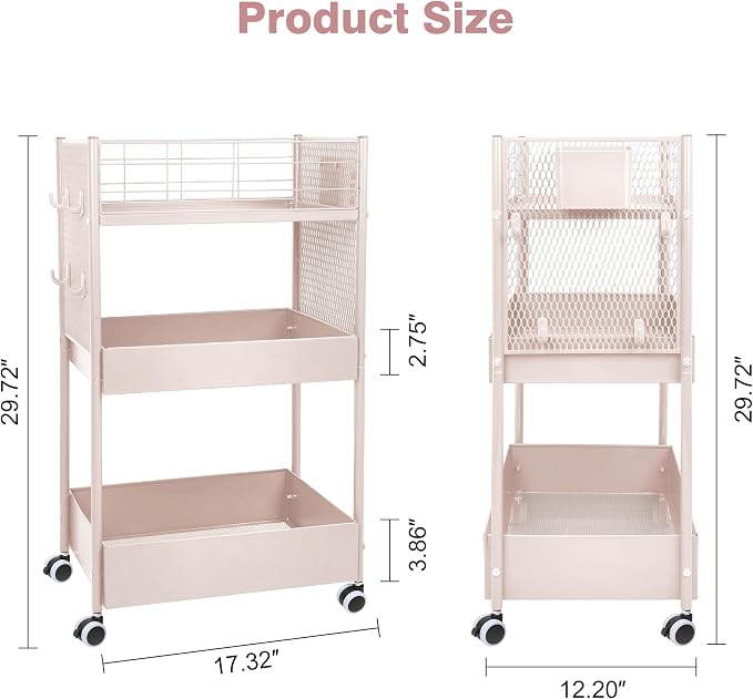 3 Tier Rolling Storage Cart Metal Utility Cart with Wheels | Office Organizer with Hooks & Hanging Cups, Mobile Shelving Unit for Kitchen Nursery Craft Snack Book