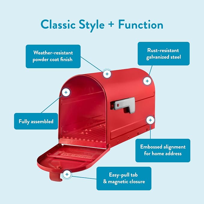 ARCHITECTURAL MAILBOXES 7600R MB1 Mailbox, Medium, Red | Galvanized steel build for outside with rust-resistant powder-coat finish and a magnetic door closure. USPS approved.