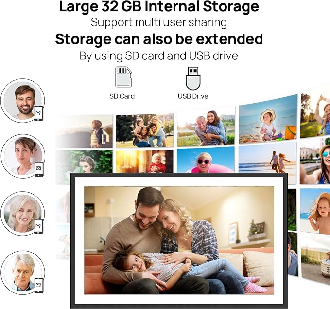 15.7 Inch WiFi Digital Picture Frame with 1920x1080 FHD IPS Touch Screen, Send Photo or Videos via App or Email, 32GB Storage, Support USB Drive/SD Card Extend Storage, Auto-Rotate, Wall Mountable