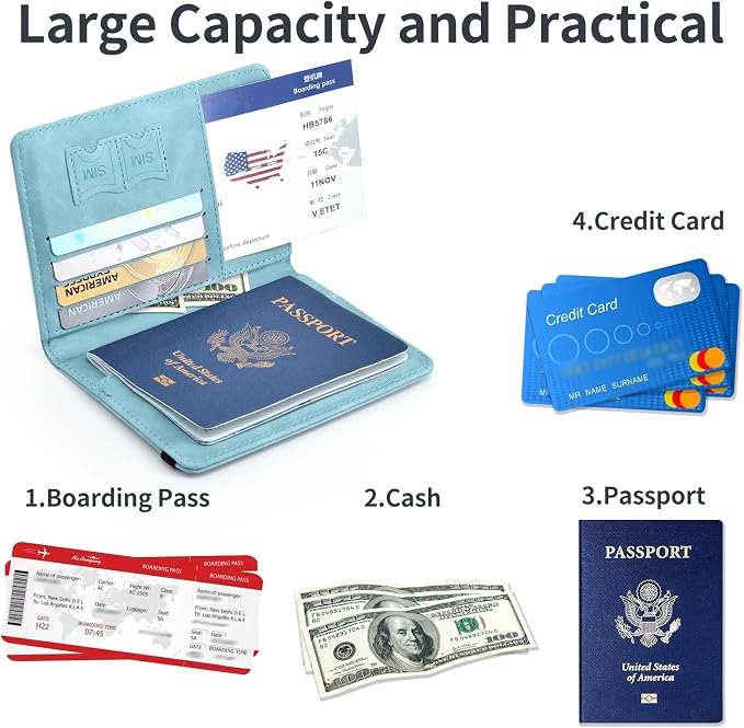 Passport Holder, Passport Cover with Credit Card Slot and Boarding Pass Slot Combo, Passport Wallet Case Book Travel Must Have, RFID Blocking Leather Travel Accessories, Sky Blue
