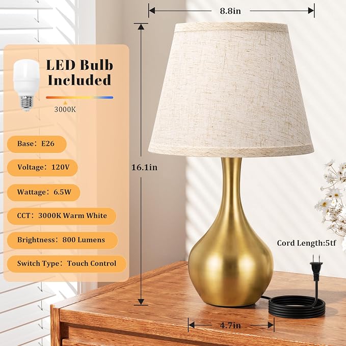16.1" Touch Table Lamp for Nightstand, 3 Way Dimmable Small Bedroom Lamp | Touch Control, Bulb Included, Gold Bedside Lamps for Desk, Night Stands, Living Room, End Table, Corded