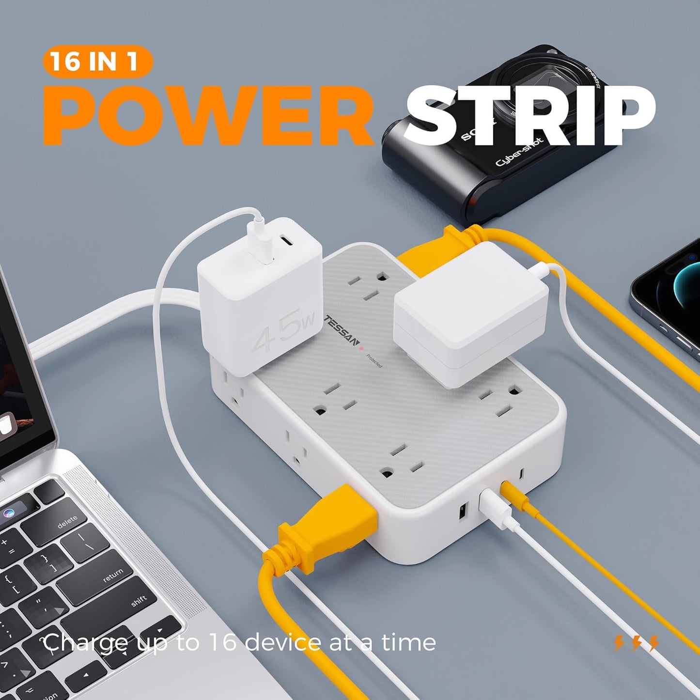 Surge Protector Power Strip, TESSAN 5FT Flat Extension Cord with Multiple Outlets, 12 Outlet Extender with 4 USB (2 USB-C), Flat Plug Power Strip, 1800J Surge Protection, Office, Dorm Essentials
