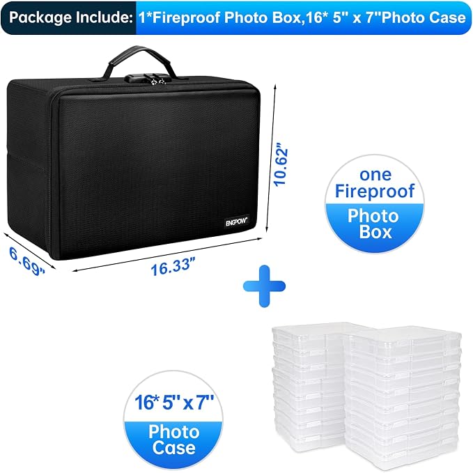 ENGPOW Fireproof Photo Storage Box 5" x 7" Photo Case(Clear),16 Inner Photo Keeper Organizer with Lock, Collapsible Portable Acid-Free Photo Storage Container with Handle for Picture, Valuables