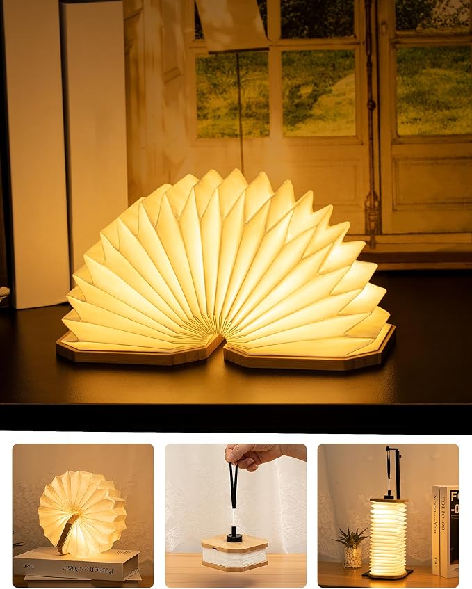 Originality Folding Accordion Lamp, Japanese Gift, LED Paper Lantern | Portable Wooden Table Lamp, Creative Japanese Paper Light with USB, Japanese Decor for Home & Bedroom & Library (Bamboo)