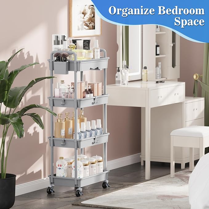 SUNALLY 4 Tier Rolling Cart with Drawer, Craft Storage Cart Organizer, Gray | Bathroom Storage Organizer with 2 Lockable Wheels, Rolling Utility Cart for Kitchen, Office, Baby, Makeup, Nail,Snack,Laundry