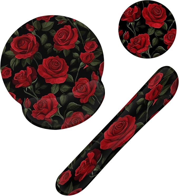 Vintage Red Rose Ergonomic Wrist Support Keyboard Mouse Wrist Rest Set, Computer Office Comfortable Wrist Rest for Mouse Easy Typing