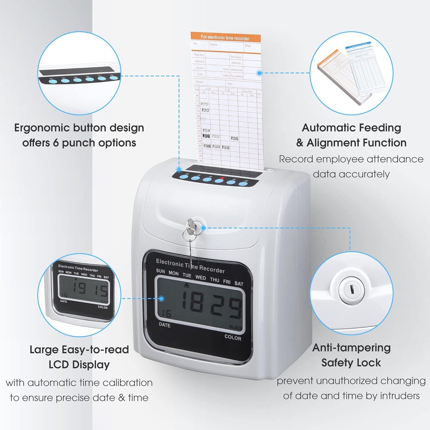 Yescom Employee Attendance Punch Time Clock Payroll Recorder LCD Display w/ 100 Cards