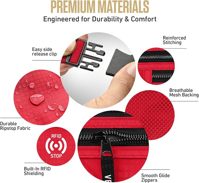 VENTURE 4TH Travel Money Belt, RFID Blocking Passport Holder - Red